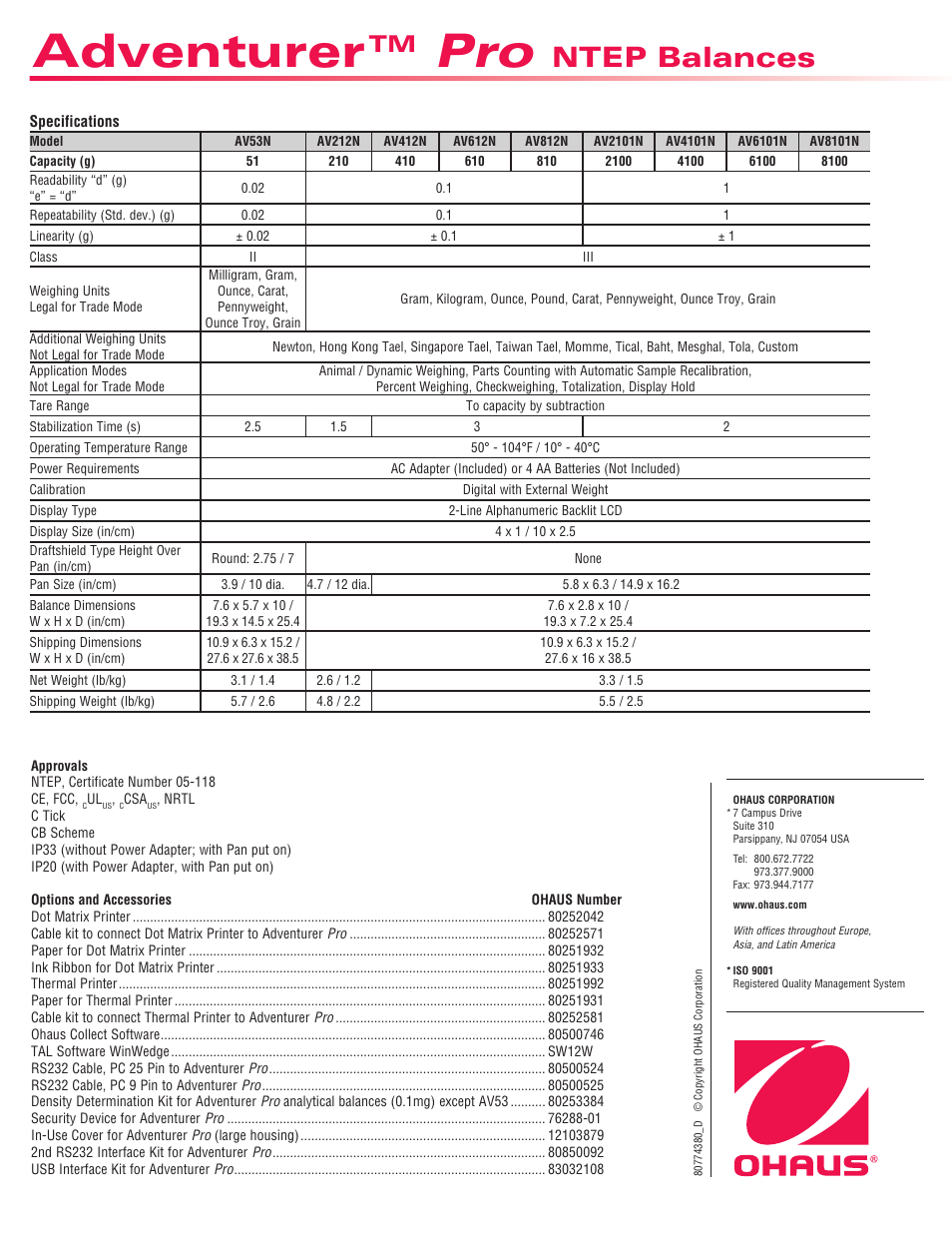Adventurer, Ntep balances | Ohaus ADVENTURER PRO NTEP APPROVED PRECISION BALANCES Data Sheet User Manual | Page 4 / 4