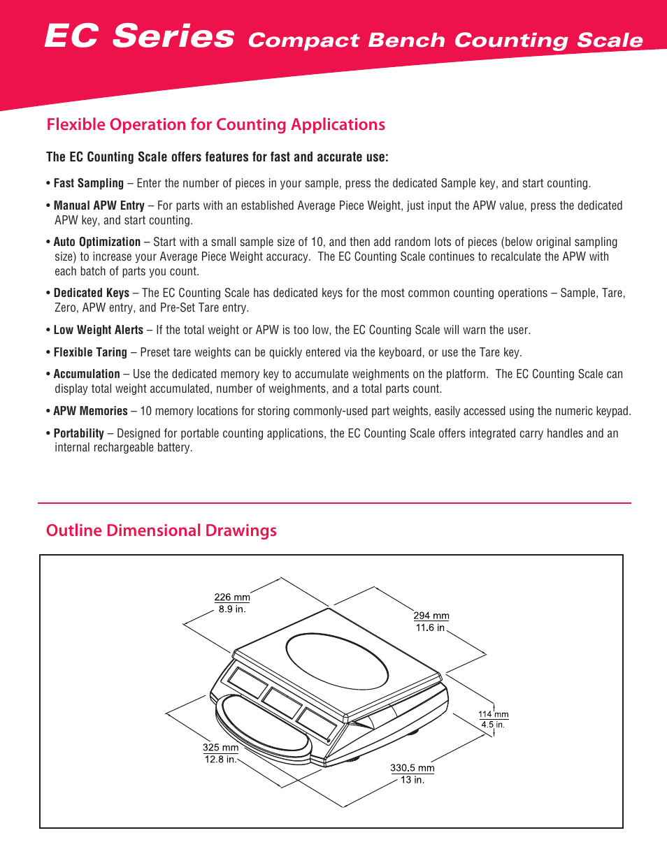 Ec series, Compact bench counting scale, Outline dimensional drawings | Flexible operation for counting applications | Ohaus EC COMPACT COUNTING SCALES Data Sheet User Manual | Page 2 / 4