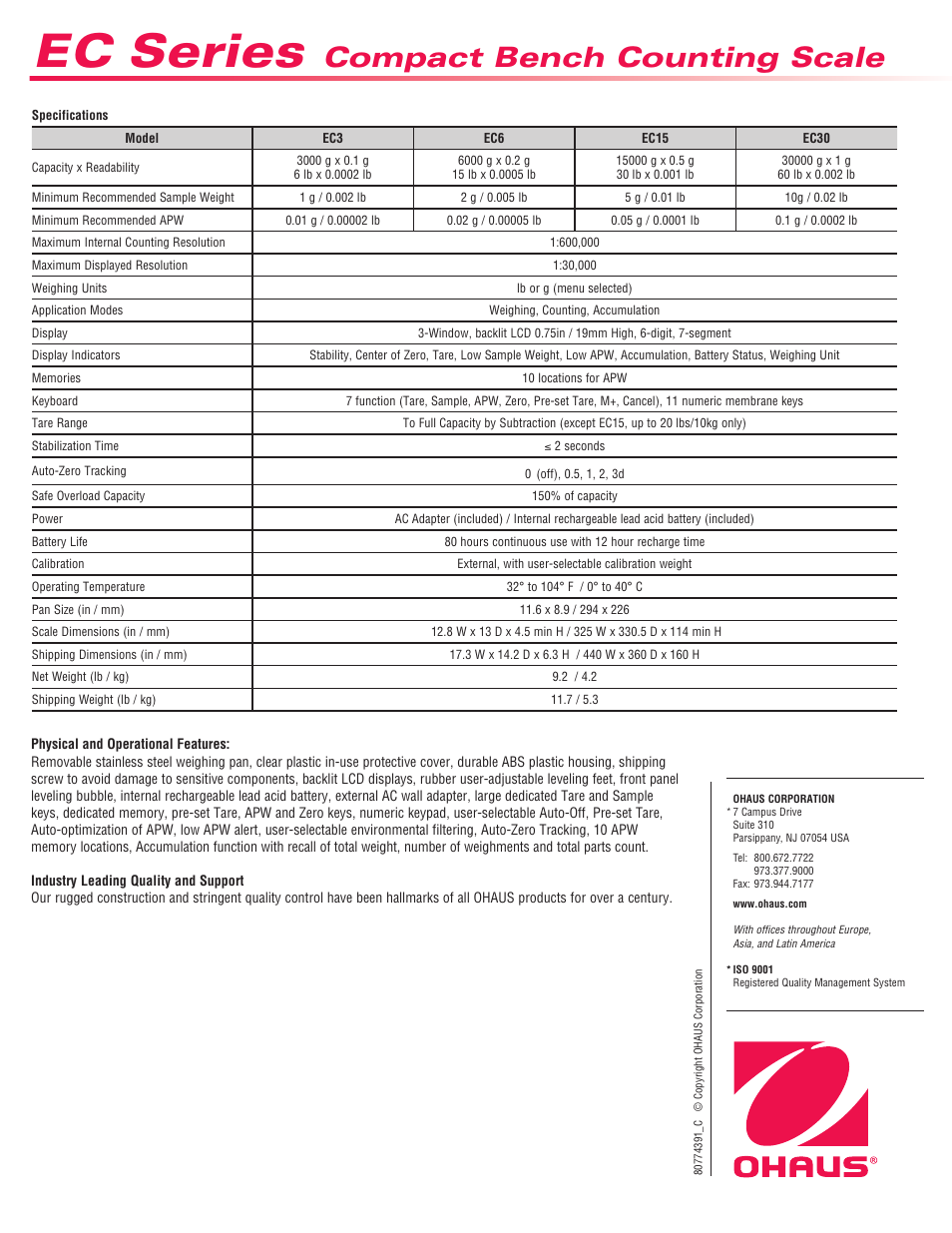 Ec series, Compact bench counting scale | Ohaus EC COMPACT COUNTING SCALES Data Sheet User Manual | Page 4 / 4