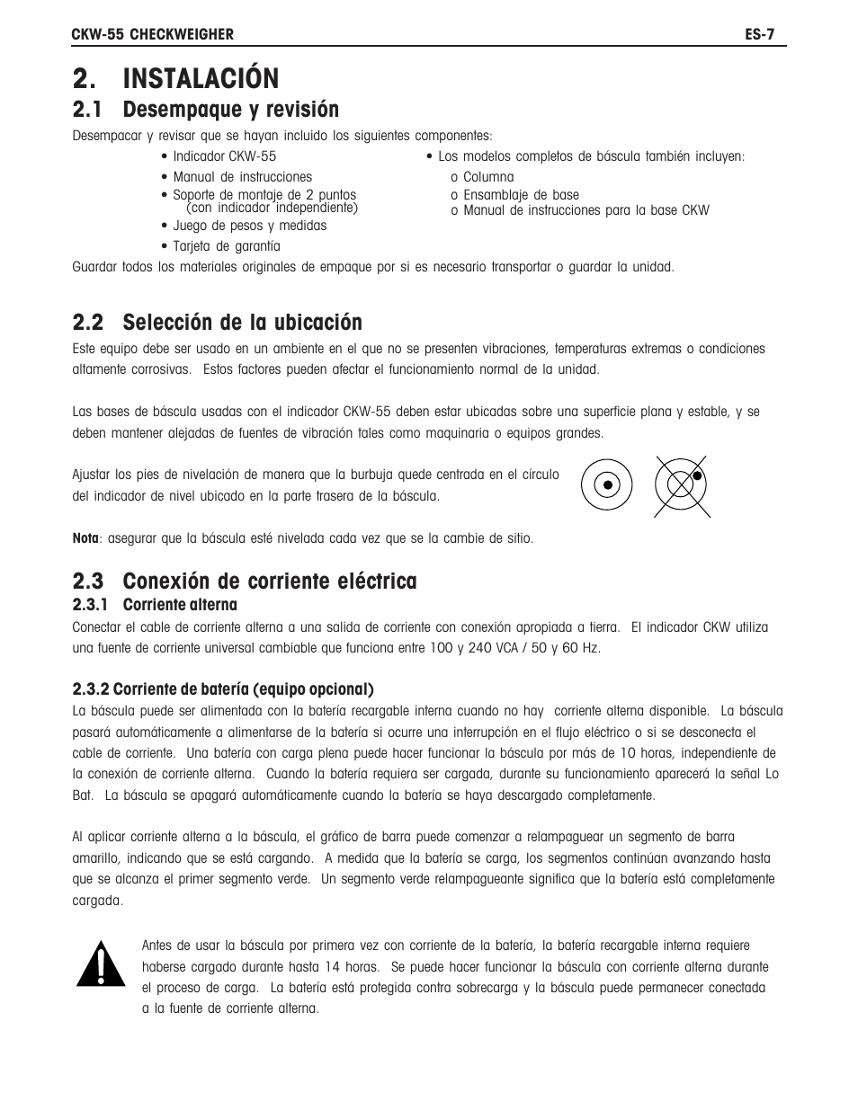 Instalación, 1 desempaque y revisión, 2 selección de la ubicación | 3 conexión de corriente eléctrica | Ohaus CKW WASHDOWN CHECKWEIGHING SCALES_INDICATOR Manual es User Manual | Page 11 / 68