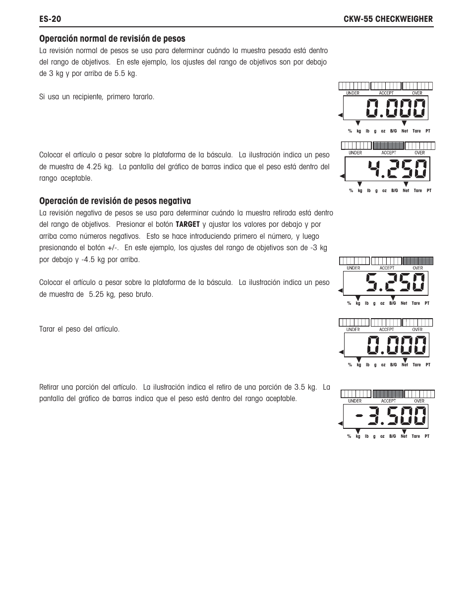 Operación normal de revisión de pesos, Operación de revisión de pesos negativa | Ohaus CKW WASHDOWN CHECKWEIGHING SCALES_INDICATOR Manual es User Manual | Page 24 / 68