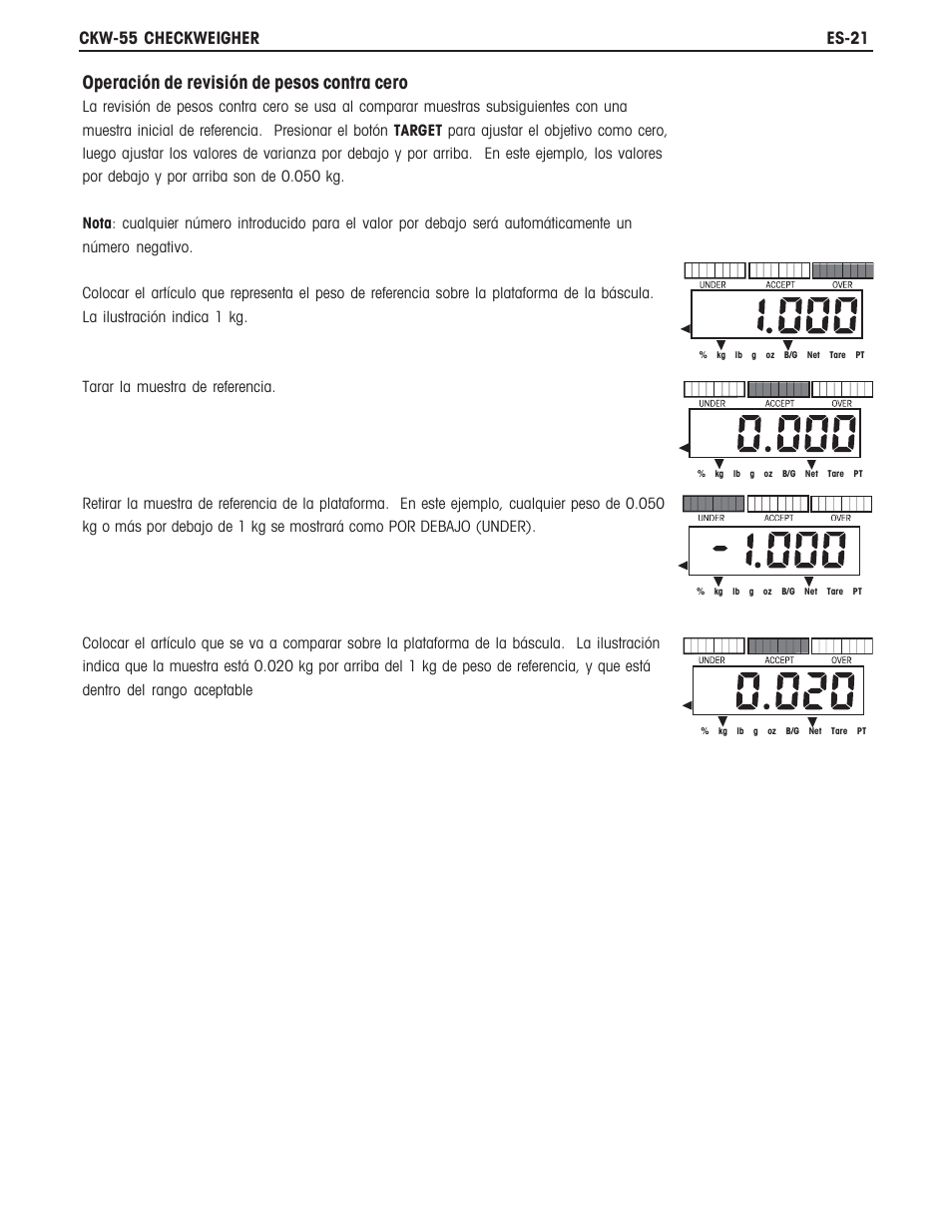 Operación de revisión de pesos contra cero | Ohaus CKW WASHDOWN CHECKWEIGHING SCALES_INDICATOR Manual es User Manual | Page 25 / 68