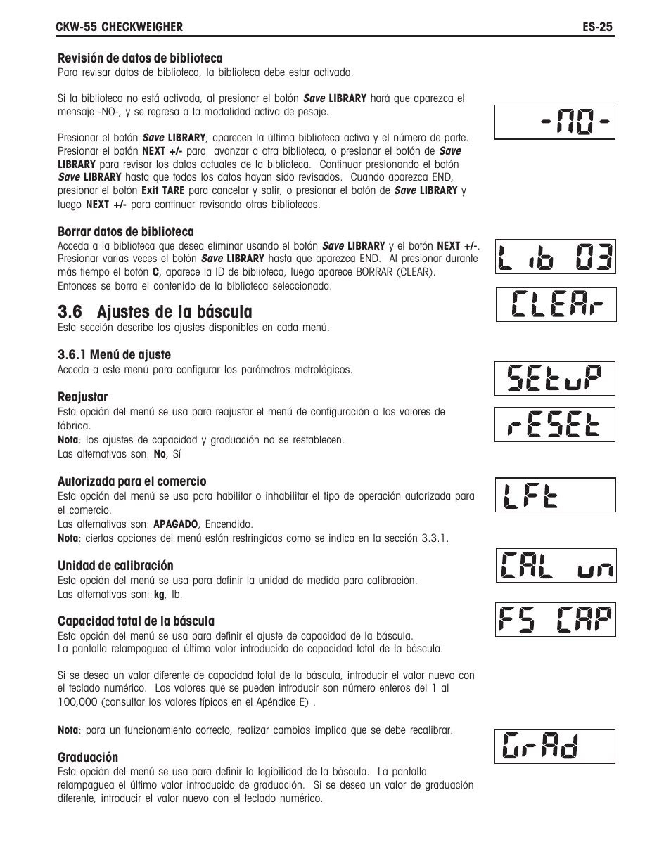 6 ajustes de la báscula | Ohaus CKW WASHDOWN CHECKWEIGHING SCALES_INDICATOR Manual es User Manual | Page 29 / 68
