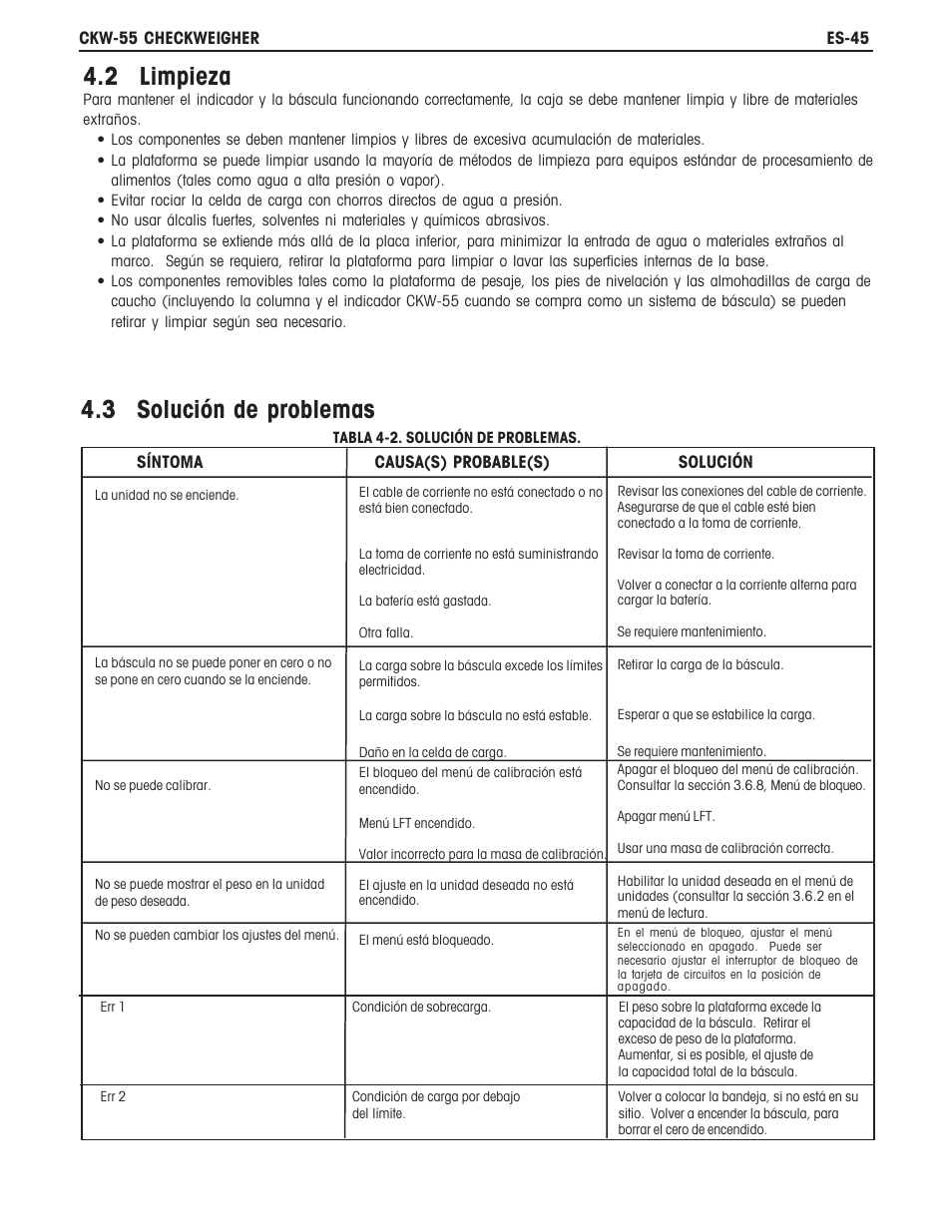 3 solución de problemas, 2 limpieza | Ohaus CKW WASHDOWN CHECKWEIGHING SCALES_INDICATOR Manual es User Manual | Page 49 / 68