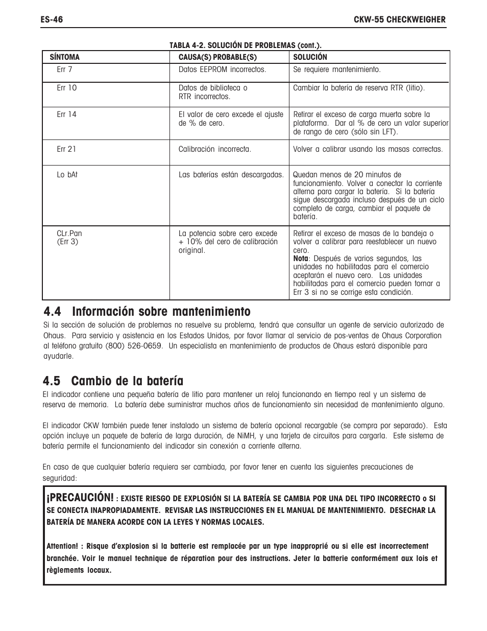 4 información sobre mantenimiento, 5 cambio de la batería, Precaución | Ohaus CKW WASHDOWN CHECKWEIGHING SCALES_INDICATOR Manual es User Manual | Page 50 / 68