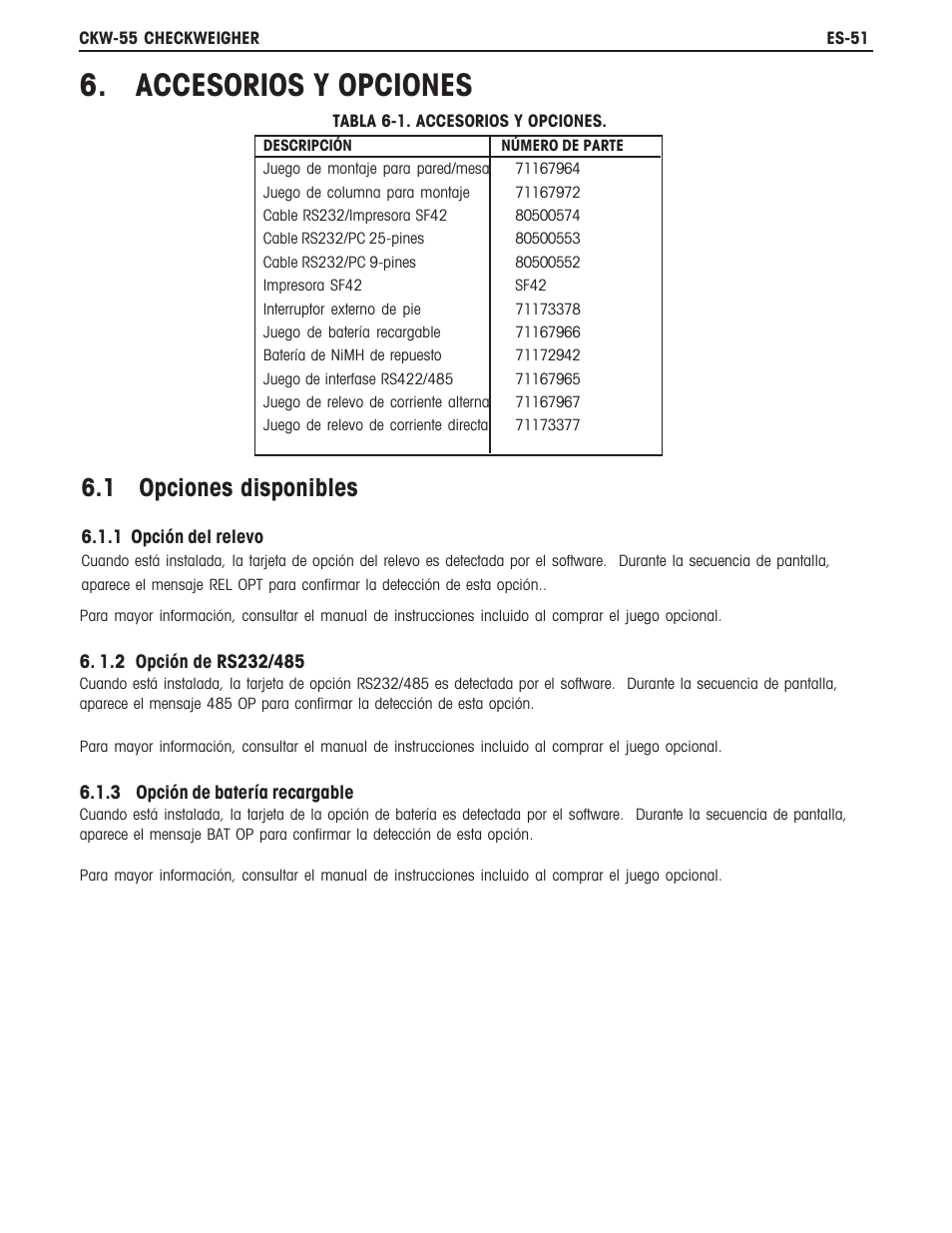 Accesorios y opciones, 1 opciones disponibles | Ohaus CKW WASHDOWN CHECKWEIGHING SCALES_INDICATOR Manual es User Manual | Page 55 / 68