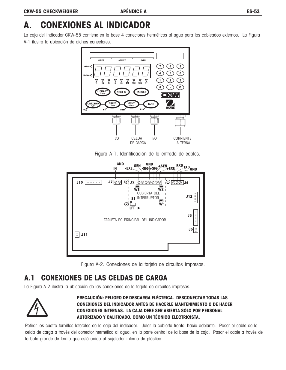 A. conexiones al indicador, A.1 conexiones de las celdas de carga | Ohaus CKW WASHDOWN CHECKWEIGHING SCALES_INDICATOR Manual es User Manual | Page 57 / 68