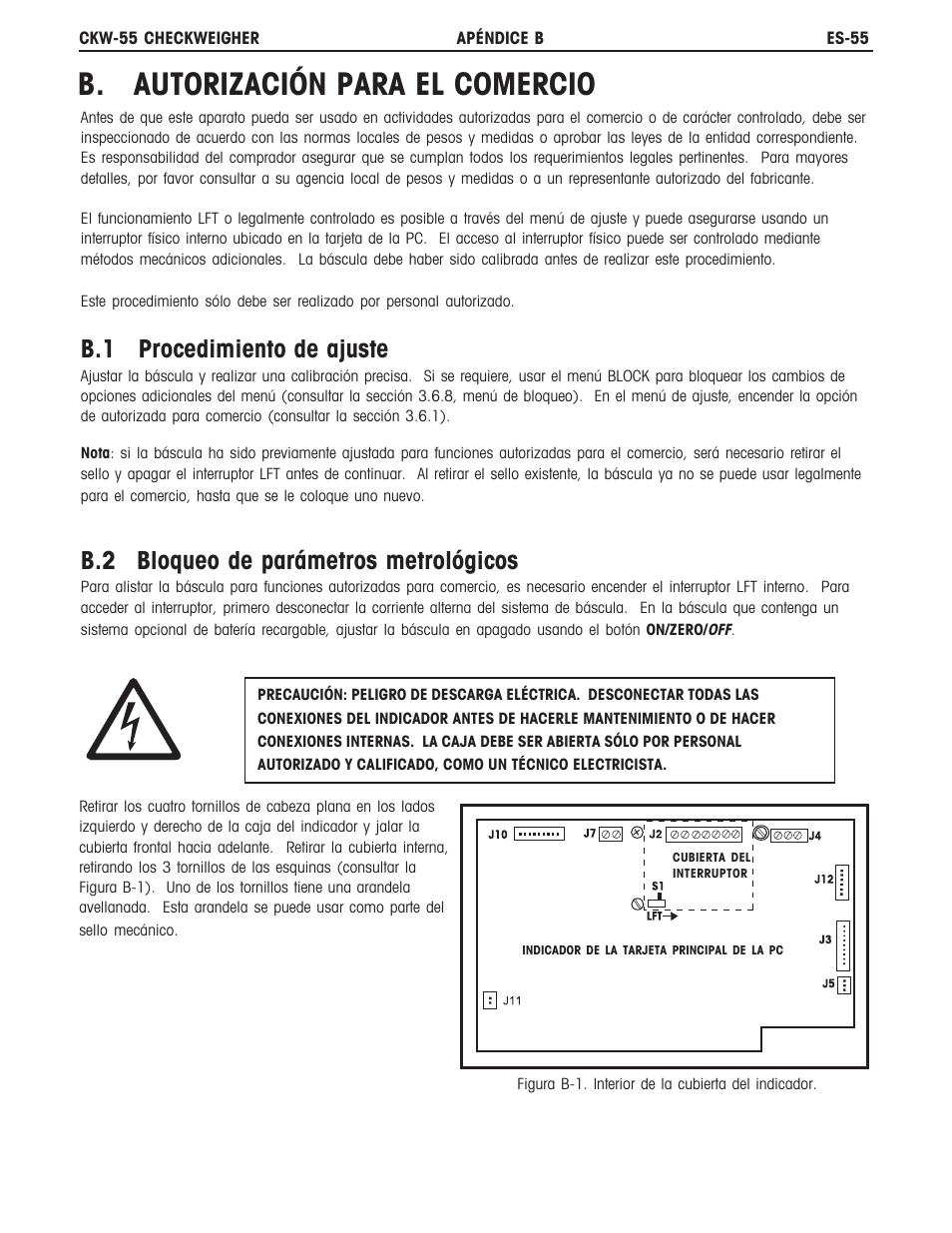 B. autorización para el comercio, B.1 procedimiento de ajuste, B.2 bloqueo de parámetros metrológicos | Ohaus CKW WASHDOWN CHECKWEIGHING SCALES_INDICATOR Manual es User Manual | Page 59 / 68