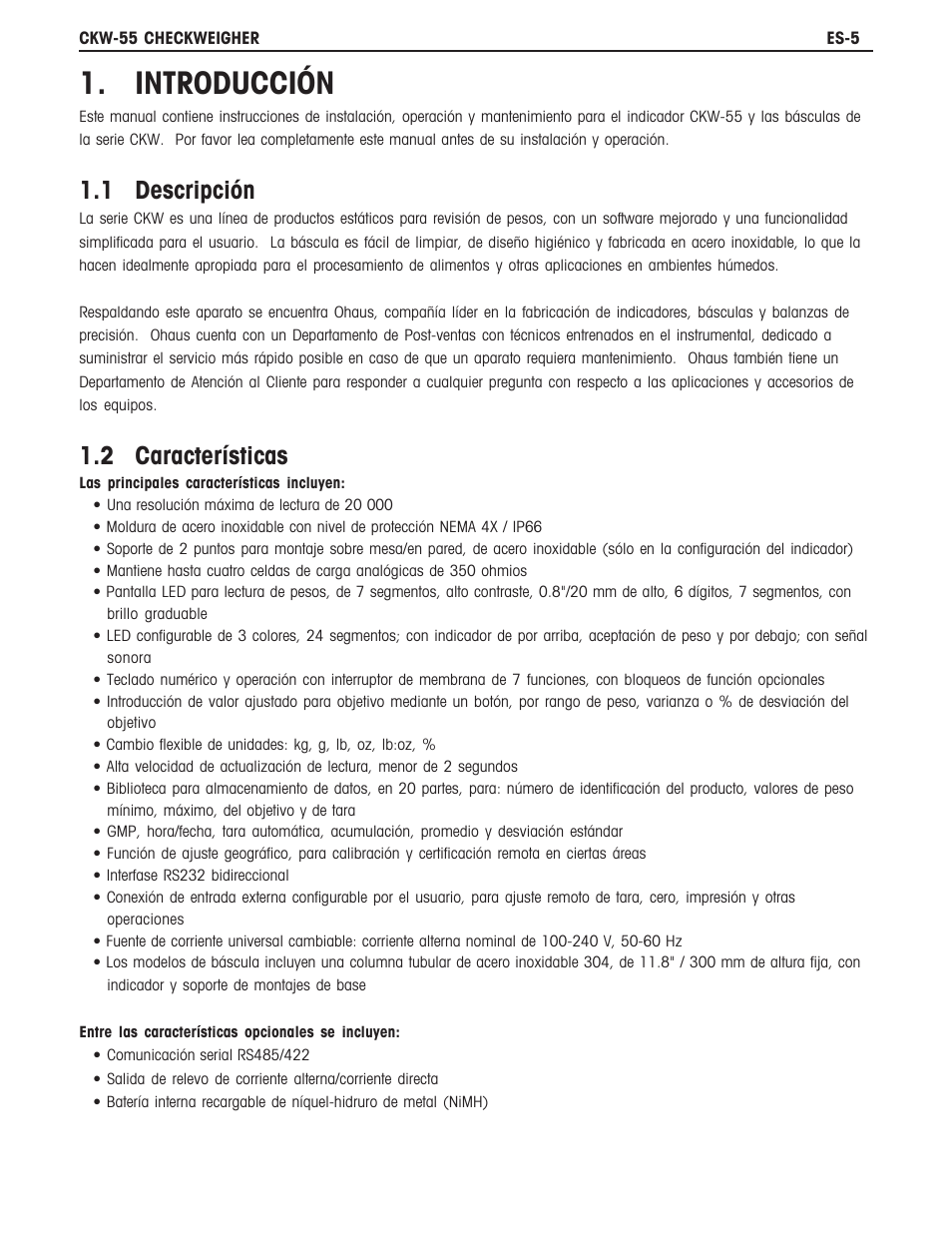 Introducción, 1 descripción, 2 características | Ohaus CKW WASHDOWN CHECKWEIGHING SCALES_INDICATOR Manual es User Manual | Page 9 / 68