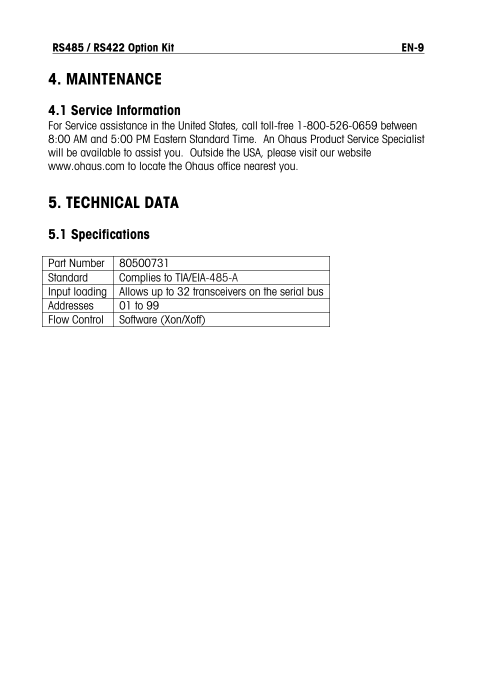 Maintenance, Technical data | Ohaus RS422 Interface Option Kit Manual multi User Manual | Page 11 / 56