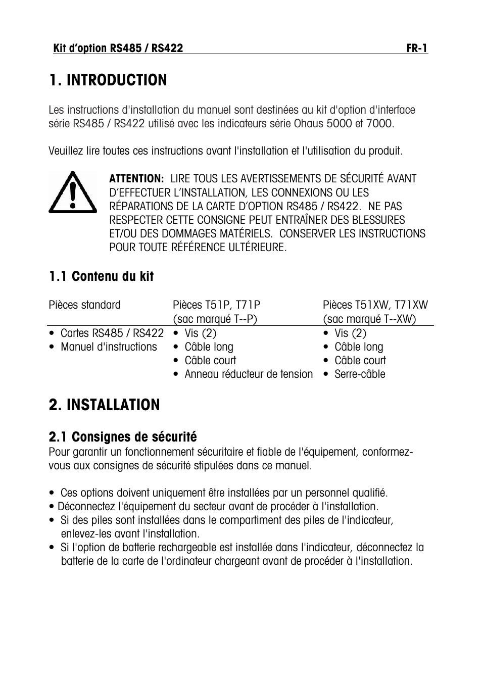 Introduction, Installation, 1 contenu du kit | 1 consignes de sécurité | Ohaus RS422 Interface Option Kit Manual multi User Manual | Page 23 / 56