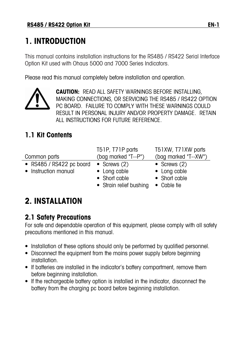 Introduction, Installation, 1 kit contents | 1 safety precautions | Ohaus RS422 Interface Option Kit Manual multi User Manual | Page 3 / 56