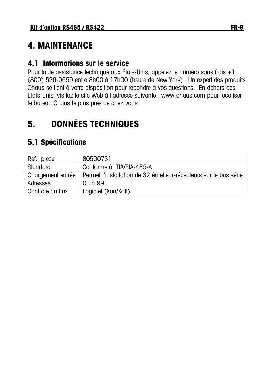 Maintenance, Données techniques | Ohaus RS422 Interface Option Kit Manual multi User Manual | Page 31 / 56