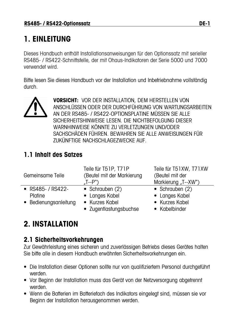 Einleitung, Installation, 1 inhalt des satzes | 1 sicherheitsvorkehrungen | Ohaus RS422 Interface Option Kit Manual multi User Manual | Page 33 / 56
