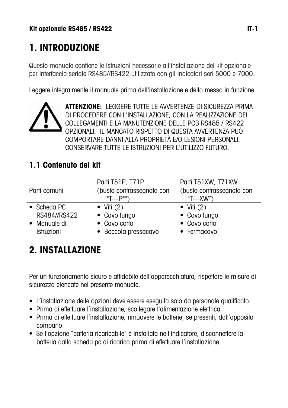 Introduzione, Installazione, 1 contenuto del kit | Ohaus RS422 Interface Option Kit Manual multi User Manual | Page 43 / 56