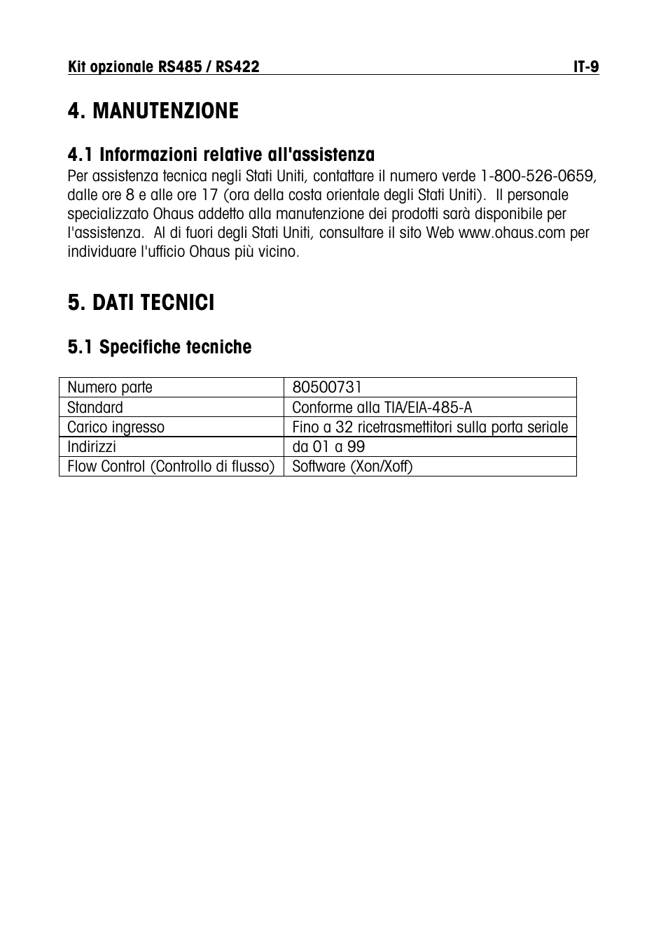 Manutenzione, Dati tecnici | Ohaus RS422 Interface Option Kit Manual multi User Manual | Page 51 / 56
