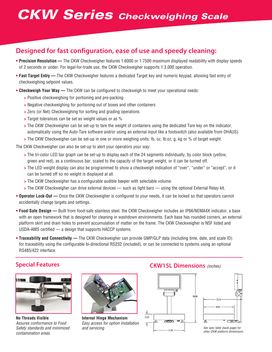 Ckw series, Checkweighing scale, Special features ckw15l dimensions | Ohaus CKW Series Checkweighing Scale Data Sheet User Manual | Page 2 / 4