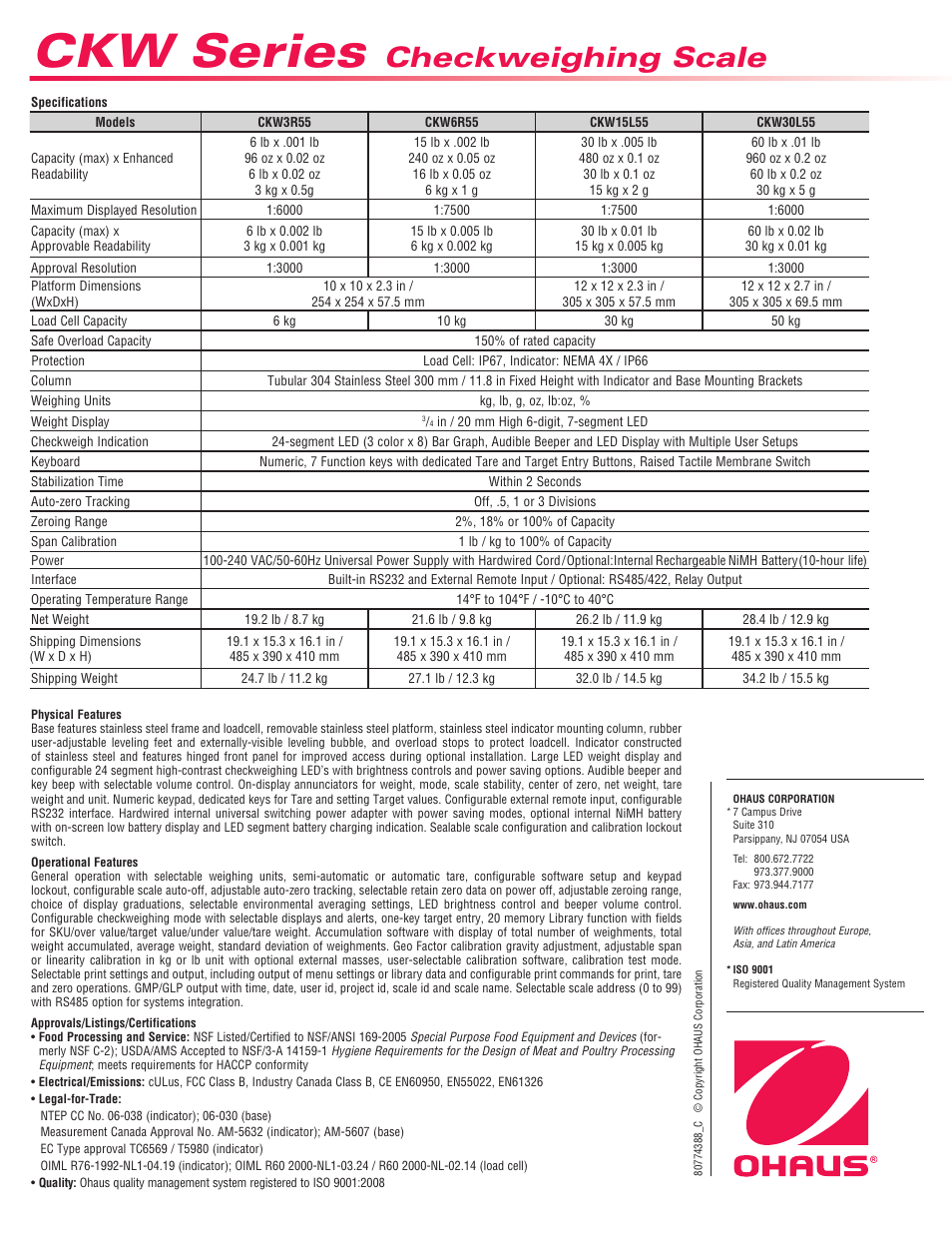 Ckw series, Checkweighing scale | Ohaus CKW Series Checkweighing Scale Data Sheet User Manual | Page 4 / 4