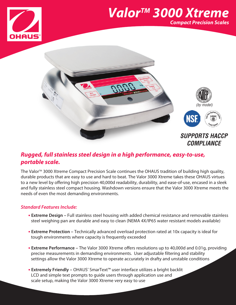 Ohaus Valor 3000 COMPACT FOOD SCALES Data Sheet User Manual | 4 pages