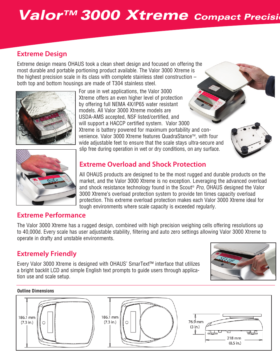 Valor, 3000 xtreme, Compact precision scales | Extreme design, Extreme overload and shock protection, Extreme performance, Extremely friendly | Ohaus Valor 3000 COMPACT FOOD SCALES Data Sheet User Manual | Page 2 / 4