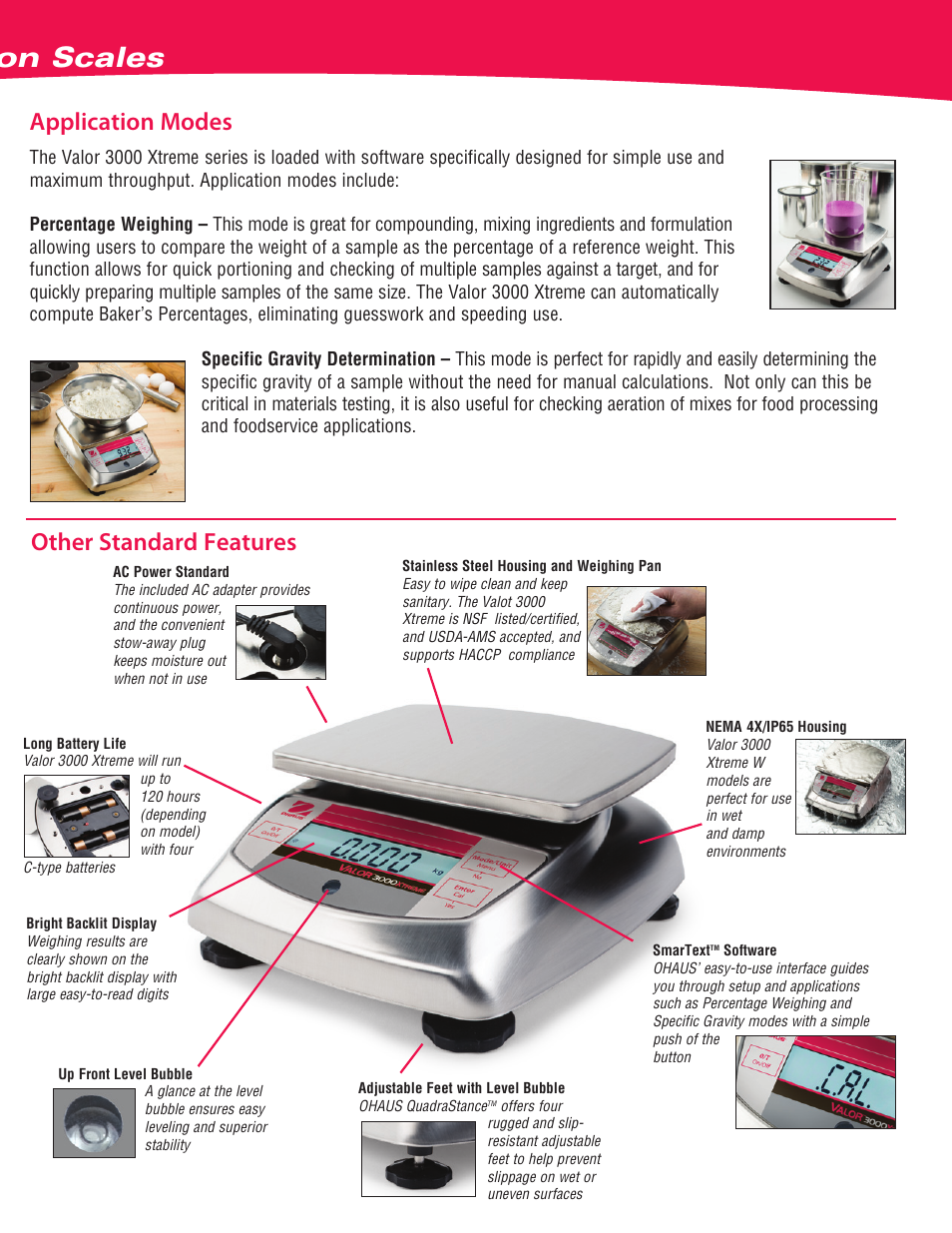 Valor, 3000 xtreme, Compact precision scales | Other standard features application modes | Ohaus Valor 3000 COMPACT FOOD SCALES Data Sheet User Manual | Page 3 / 4