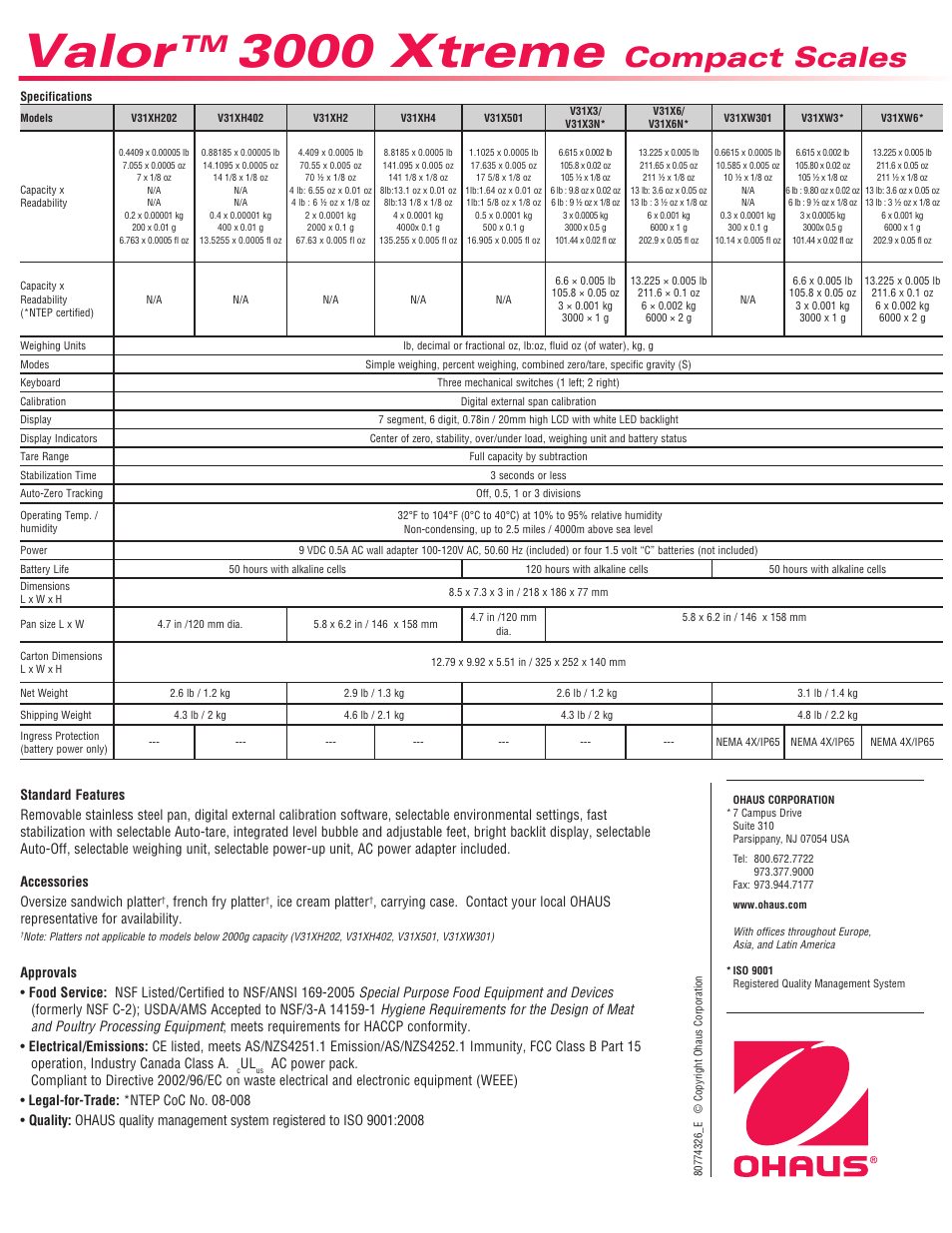 Valor, 3000 xtreme, Compact scales | French fry platter, Ice cream platter | Ohaus Valor 3000 COMPACT FOOD SCALES Data Sheet User Manual | Page 4 / 4