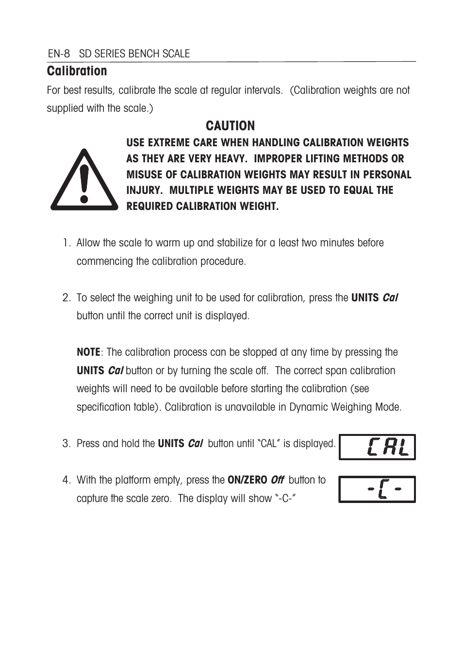 Calibration, Caution | Ohaus SD COMPACT BENCH SCALES Manual multi User Manual | Page 14 / 72