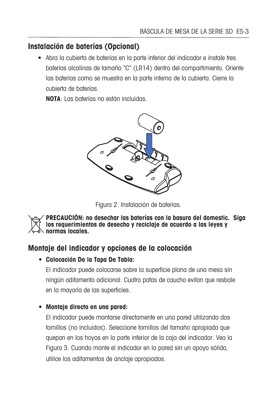 Instalación de baterías (opcional), Montaje del indicador y opciones de la colocación | Ohaus SD COMPACT BENCH SCALES Manual multi User Manual | Page 22 / 72