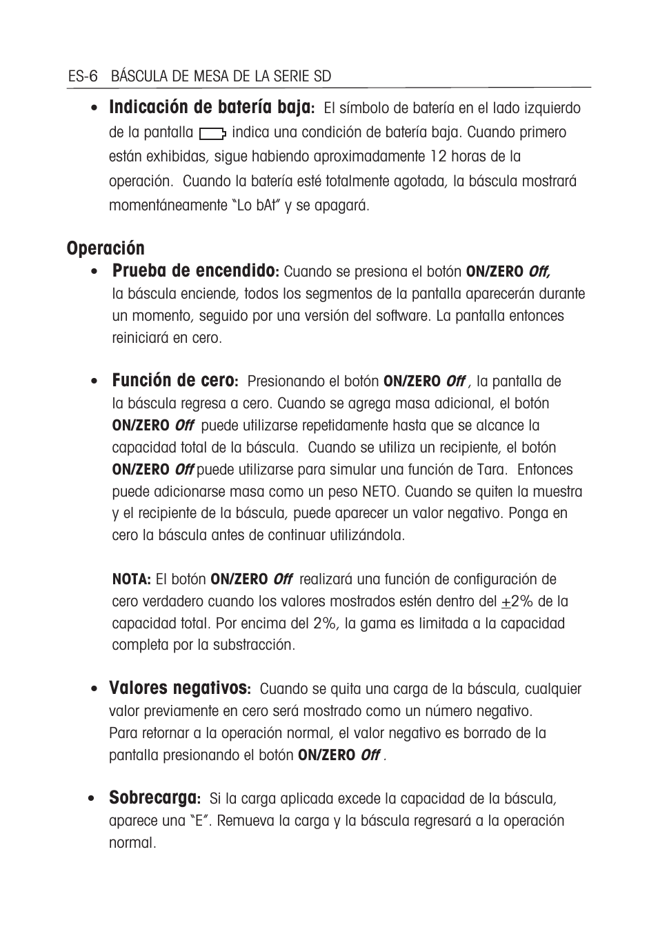 Indicación de batería baja, Operación, Prueba de encendido | Función de cero, Valores negativos, Sobrecarga | Ohaus SD COMPACT BENCH SCALES Manual multi User Manual | Page 25 / 72