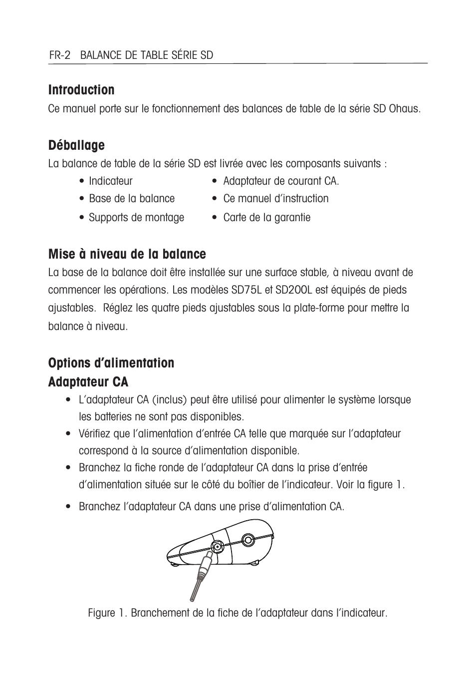 Introduction, Déballage, Mise à niveau de la balance | Options d’alimentation adaptateur ca | Ohaus SD COMPACT BENCH SCALES Manual multi User Manual | Page 34 / 72