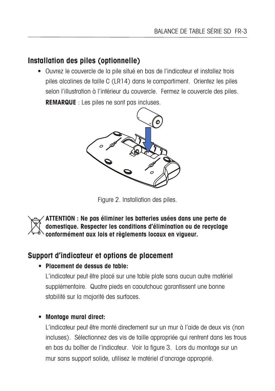 Installation des piles (optionnelle), Support d’indicateur et options de placement | Ohaus SD COMPACT BENCH SCALES Manual multi User Manual | Page 35 / 72