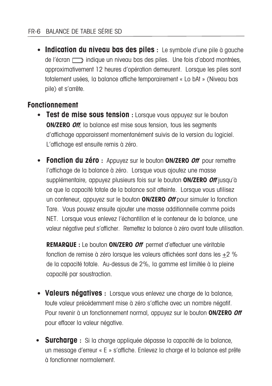 Indication du niveau bas des piles, Fonctionnement, Test de mise sous tension | Fonction du zéro, Valeurs négatives, Surcharge | Ohaus SD COMPACT BENCH SCALES Manual multi User Manual | Page 38 / 72