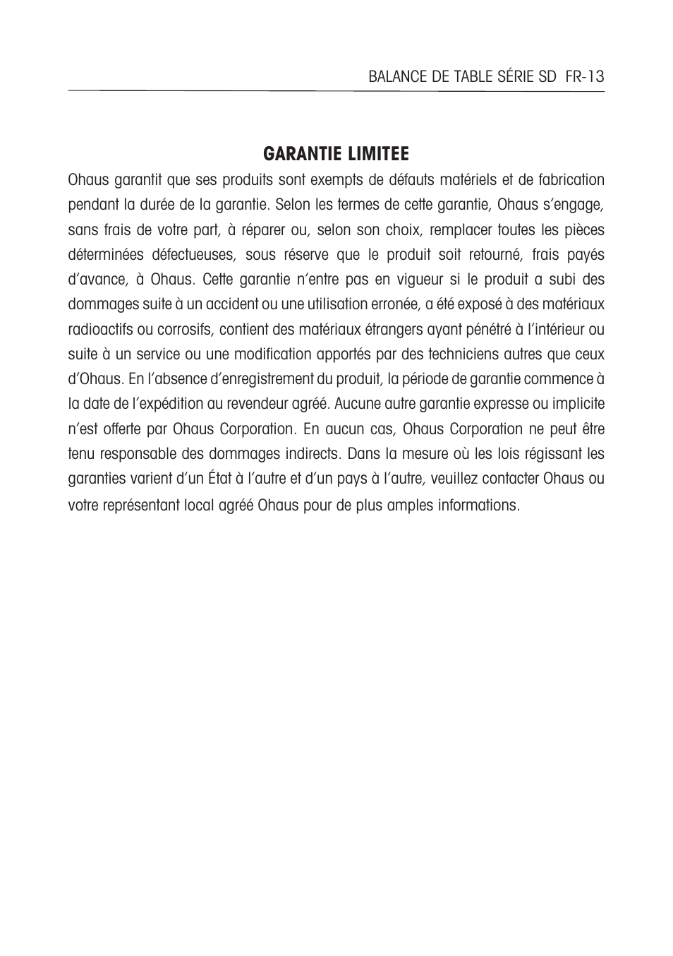 Garantie limitee | Ohaus SD COMPACT BENCH SCALES Manual multi User Manual | Page 45 / 72
