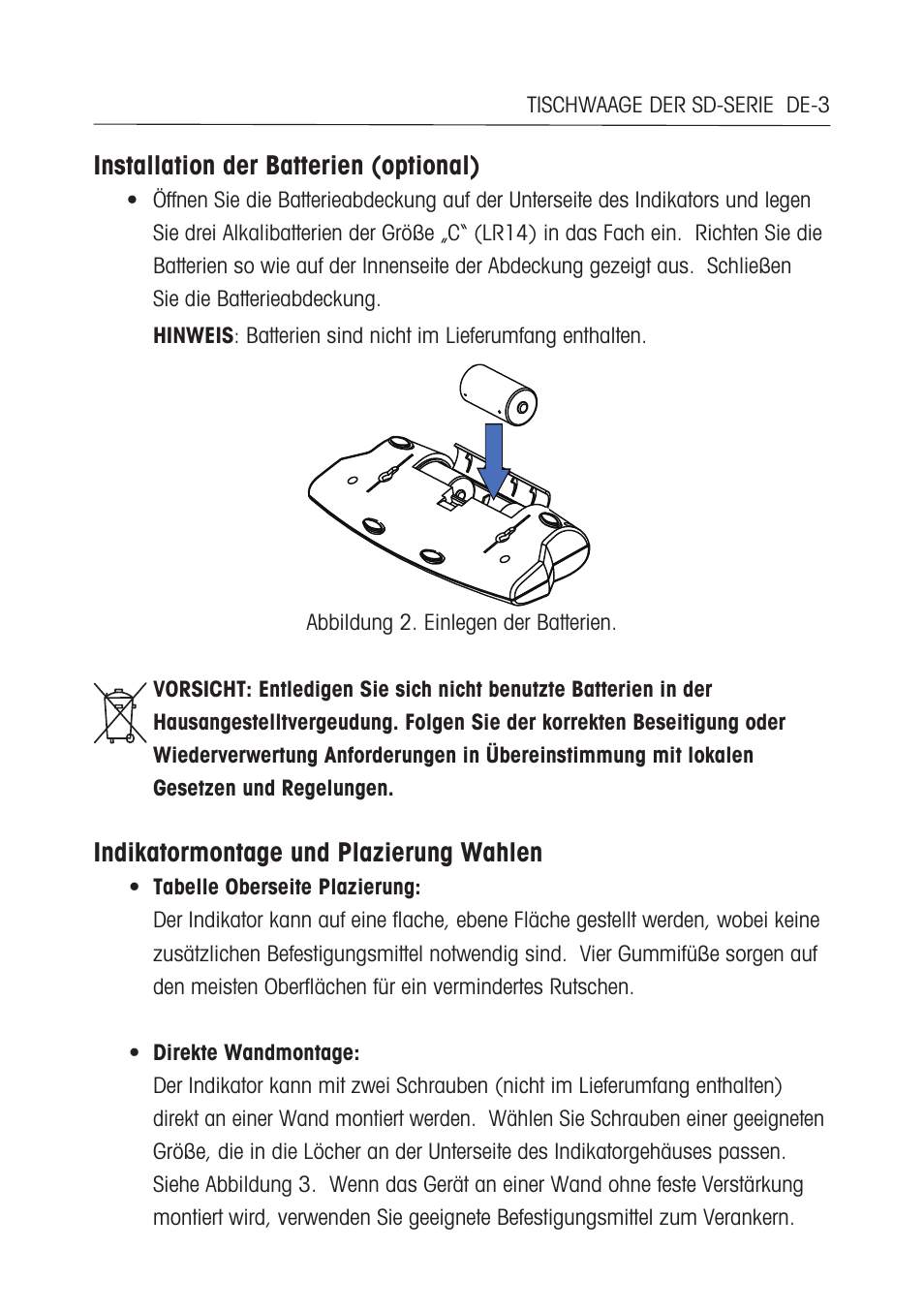 Installation der batterien (optional), Indikatormontage und plazierung wahlen | Ohaus SD COMPACT BENCH SCALES Manual multi User Manual | Page 48 / 72