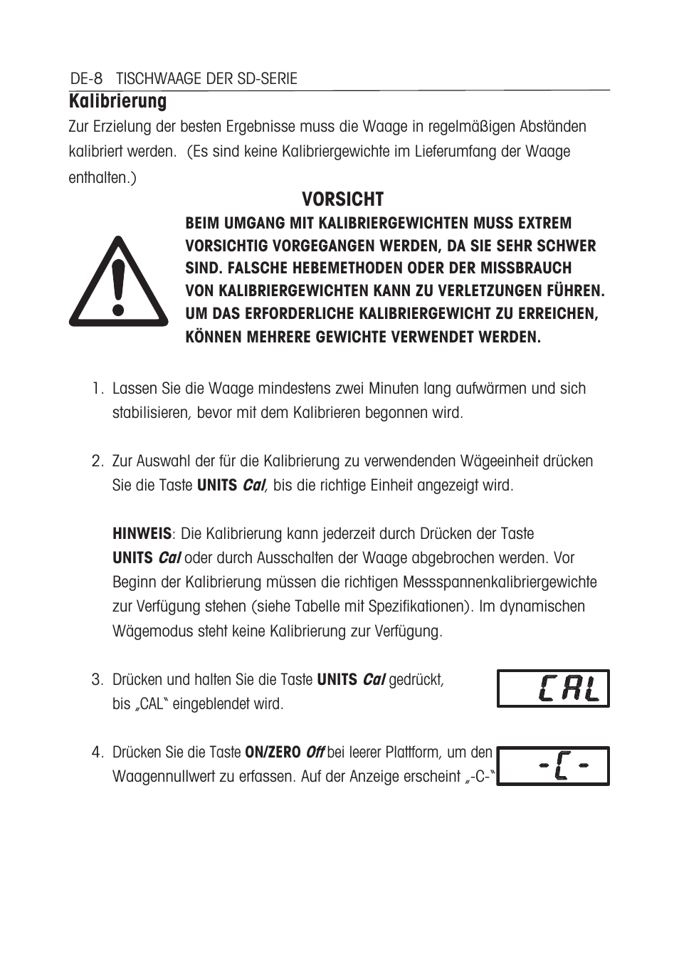 Kalibrierung, Vorsicht | Ohaus SD COMPACT BENCH SCALES Manual multi User Manual | Page 53 / 72