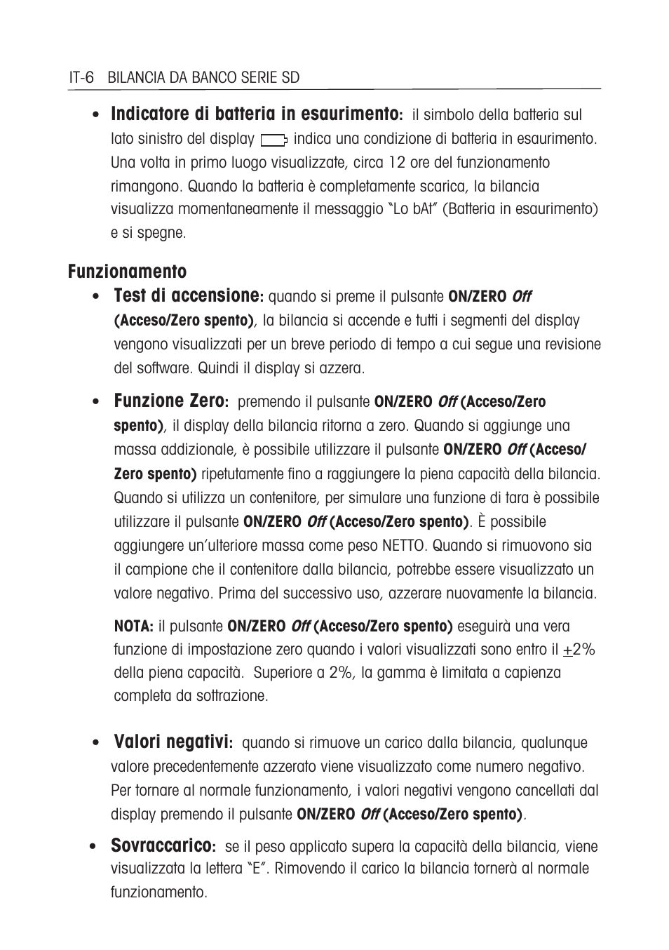 Indicatore di batteria in esaurimento, Funzionamento, Test di accensione | Funzione zero, Valori negativi, Sovraccarico | Ohaus SD COMPACT BENCH SCALES Manual multi User Manual | Page 64 / 72