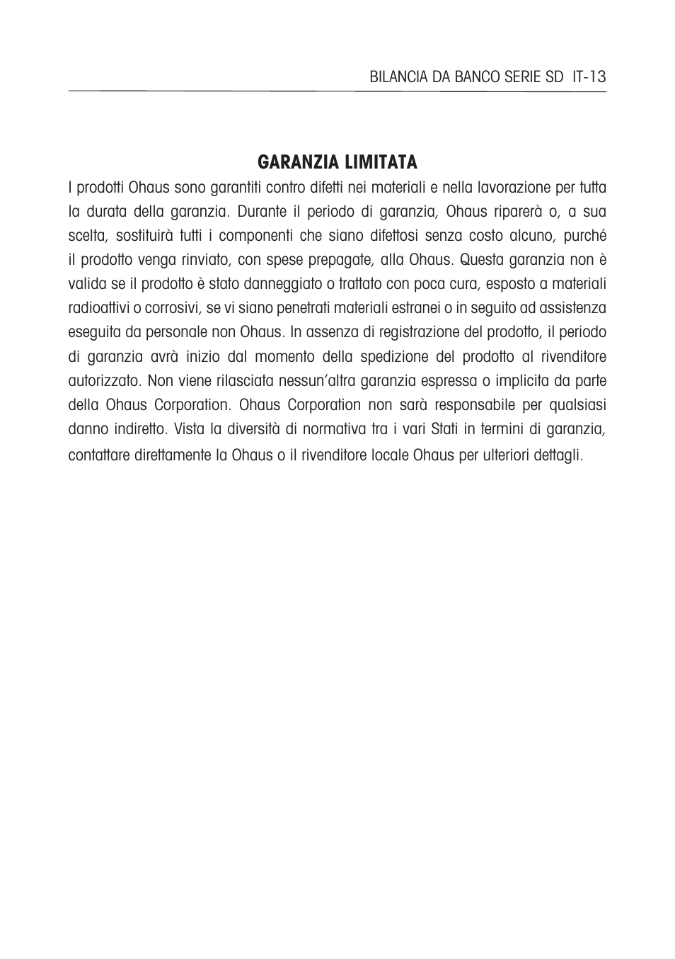 Garanzia limitata | Ohaus SD COMPACT BENCH SCALES Manual multi User Manual | Page 71 / 72