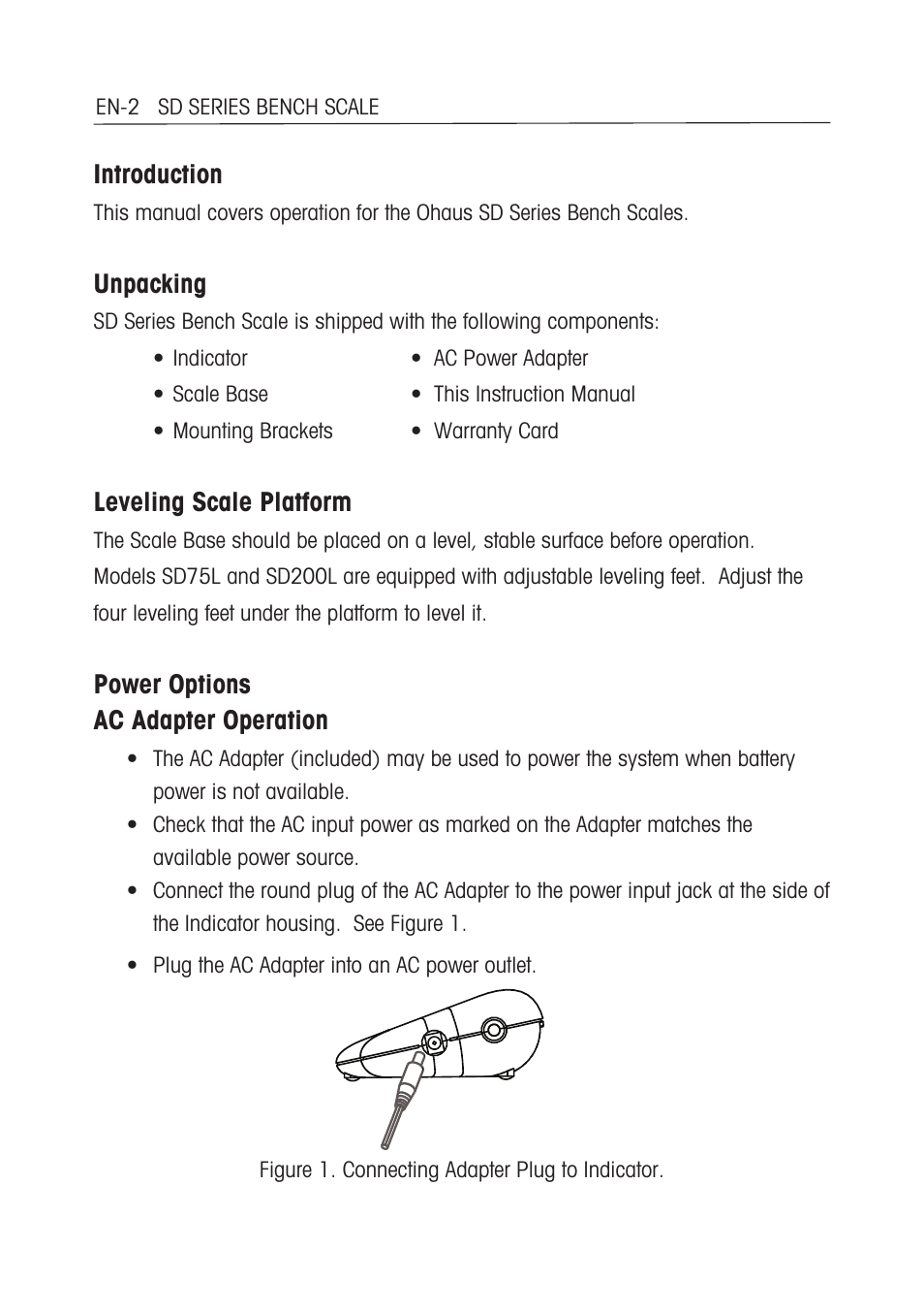 Introduction, Unpacking, Leveling scale platform | Power options ac adapter operation | Ohaus SD COMPACT BENCH SCALES Manual multi User Manual | Page 8 / 72