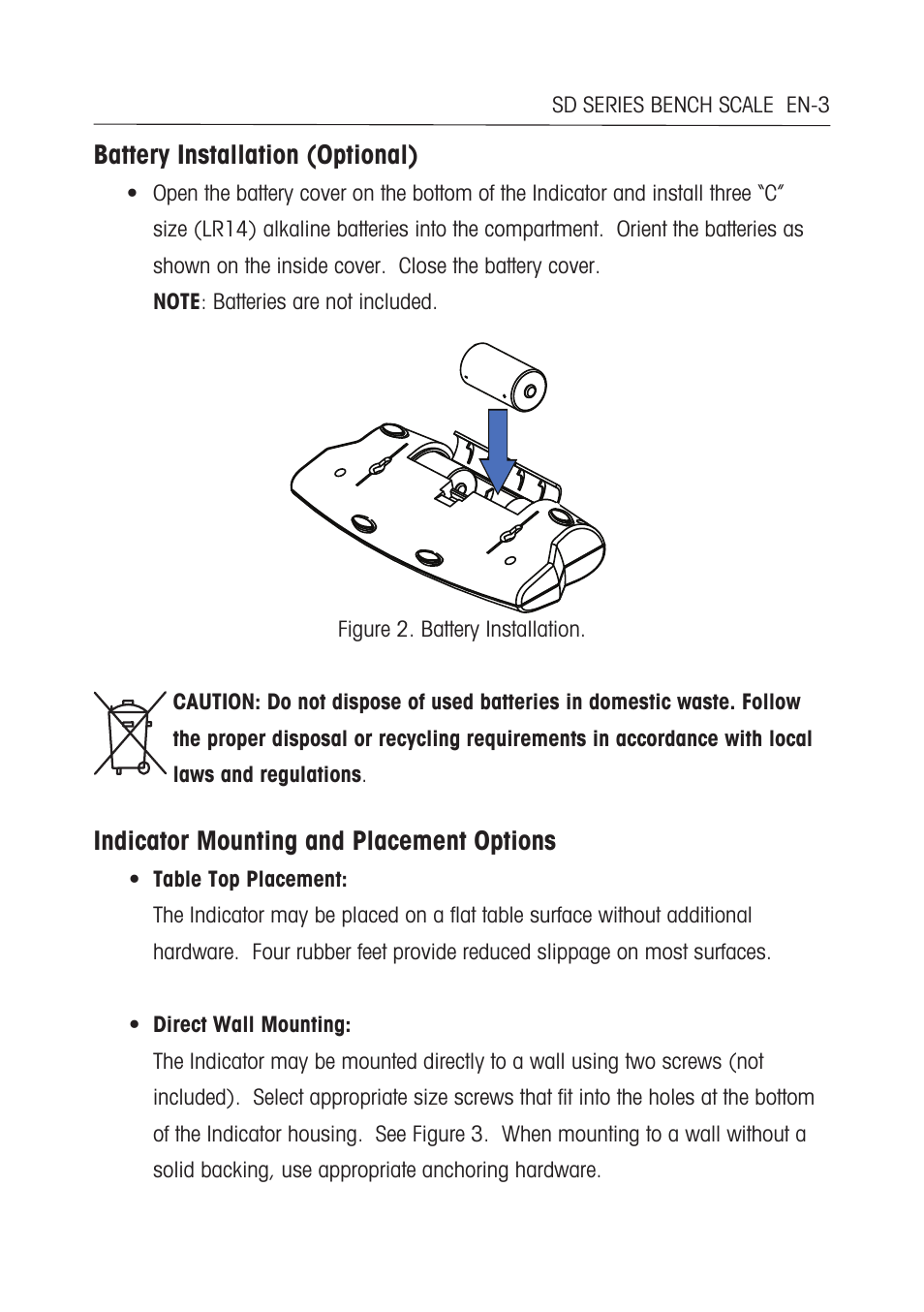 Battery installation (optional), Indicator mounting and placement options | Ohaus SD COMPACT BENCH SCALES Manual multi User Manual | Page 9 / 72