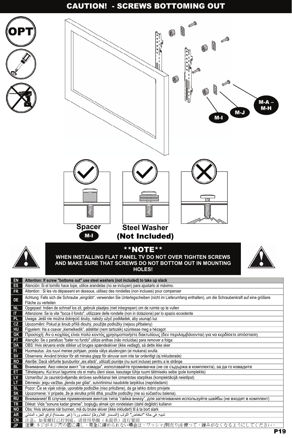 Caution! - screws bottoming out, Spacer steel washer (not included) | Omnimount NC80-F Manual ru User Manual | Page 19 / 28