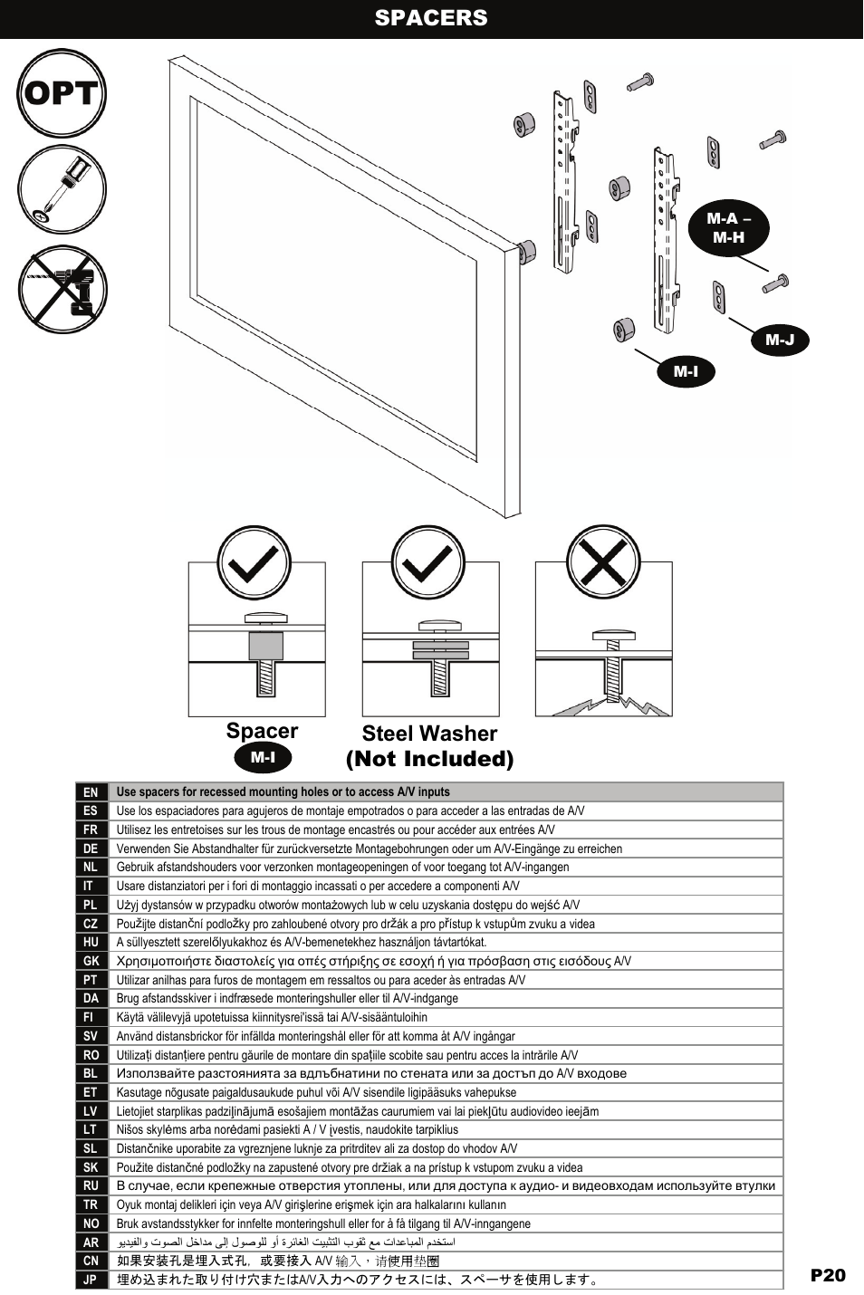Spacers, Spacer steel washer (not included) | Omnimount NC80-F Manual ru User Manual | Page 20 / 28