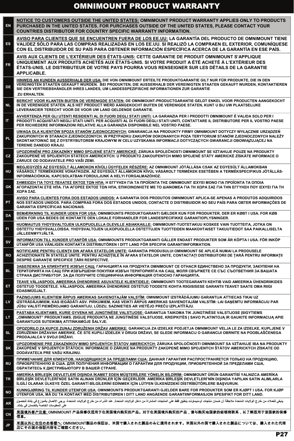 Omnimount product warranty | Omnimount NC80-F Manual ru User Manual | Page 27 / 28