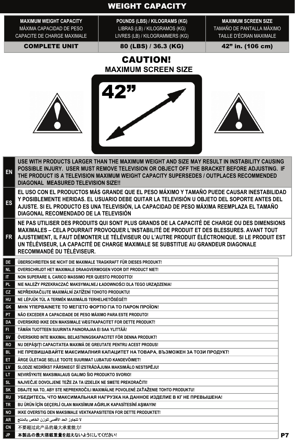 Caution, Weight capacity, Maximum screen size | Omnimount NC80-F Manual ru User Manual | Page 7 / 28