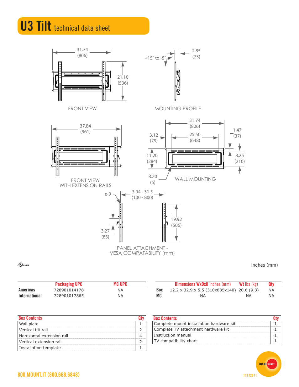 U3 tilt, Technical data sheet | Omnimount U3-Tilt Sales Sheet User Manual | Page 2 / 2