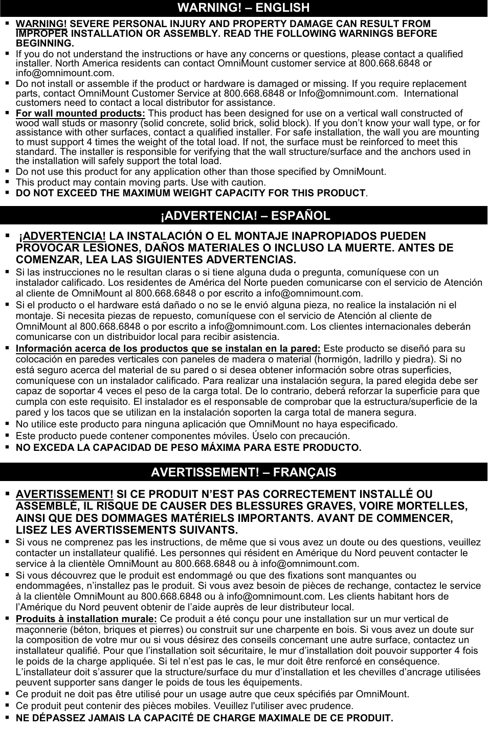 Warning! – english, Advertencia! – español avertissement! – français | Omnimount CMK Manual ru User Manual | Page 2 / 24