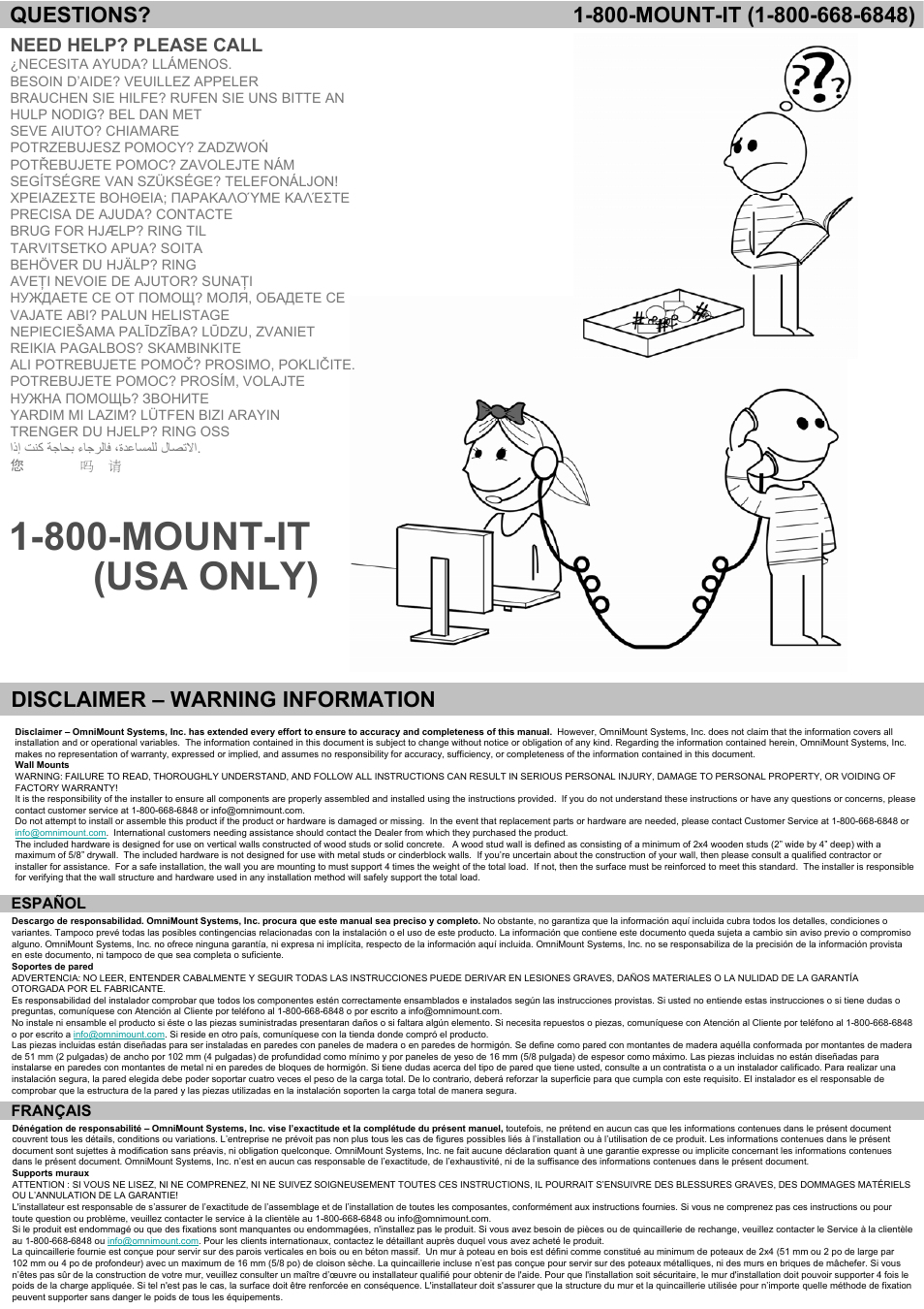 800-mount-it (usa only), Disclaimer – warning information, Need help? please call | Omnimount WM4-S Manual ru User Manual | Page 2 / 20