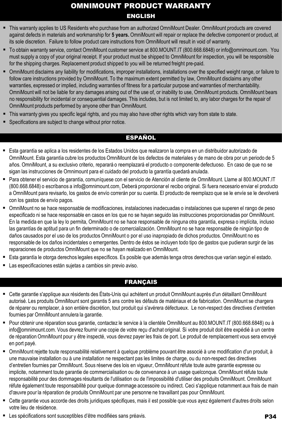 Omnimount product warranty | Omnimount ULPC-L Manual ru User Manual | Page 34 / 36
