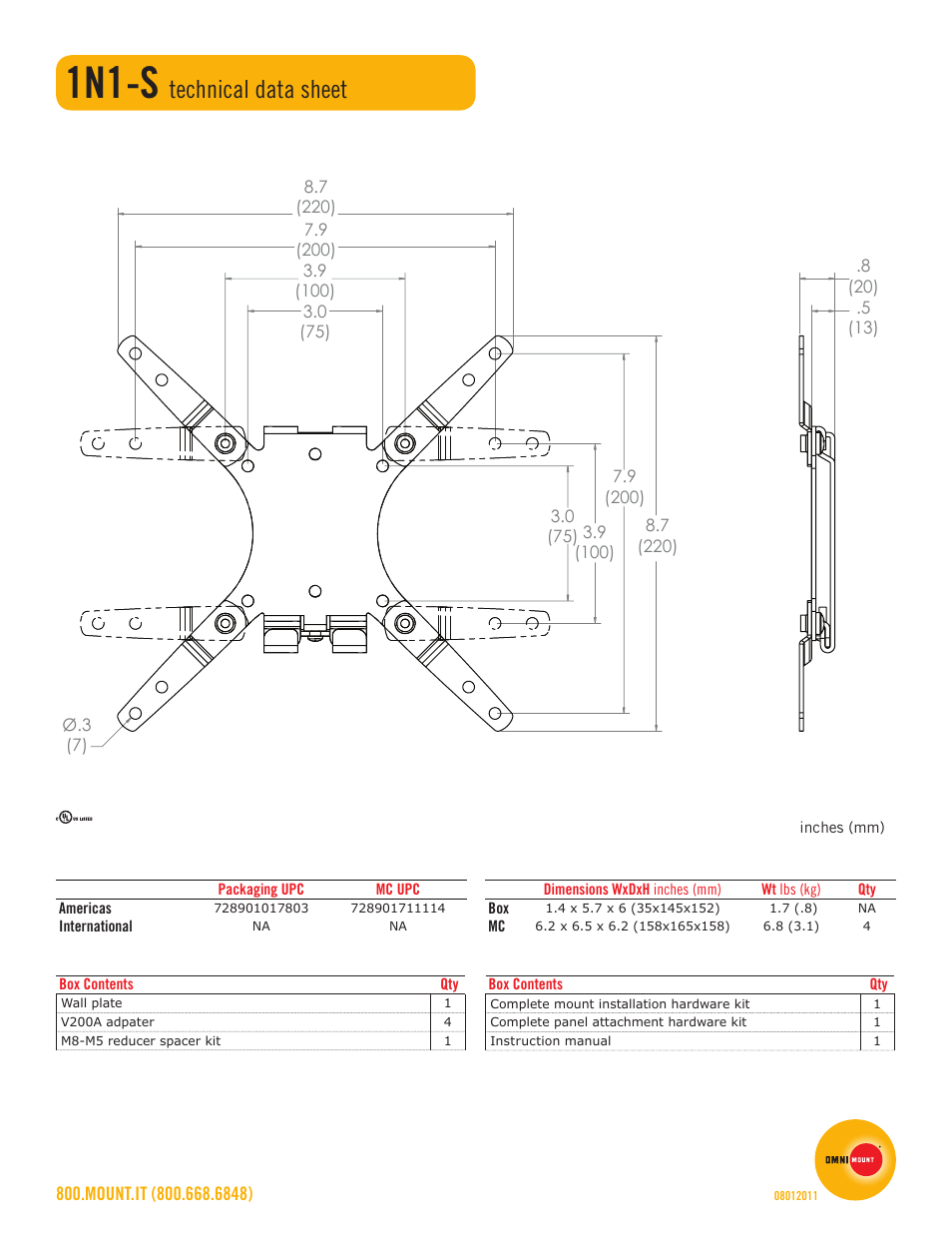 1n1-s, Technical data sheet | Omnimount 1N1-S Sales Sheet User Manual | Page 2 / 2