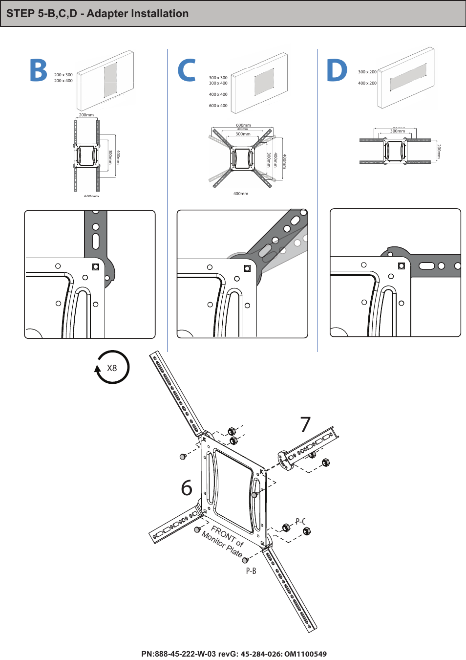 Step 5-b,c,d - adapter installation, Tv mounting options b-d, X8 p-b p-c | Bc d, Front of monitor plate, Vesa mounting options (mm) | Omnimount PLAY40 Manual ru User Manual | Page 15 / 25