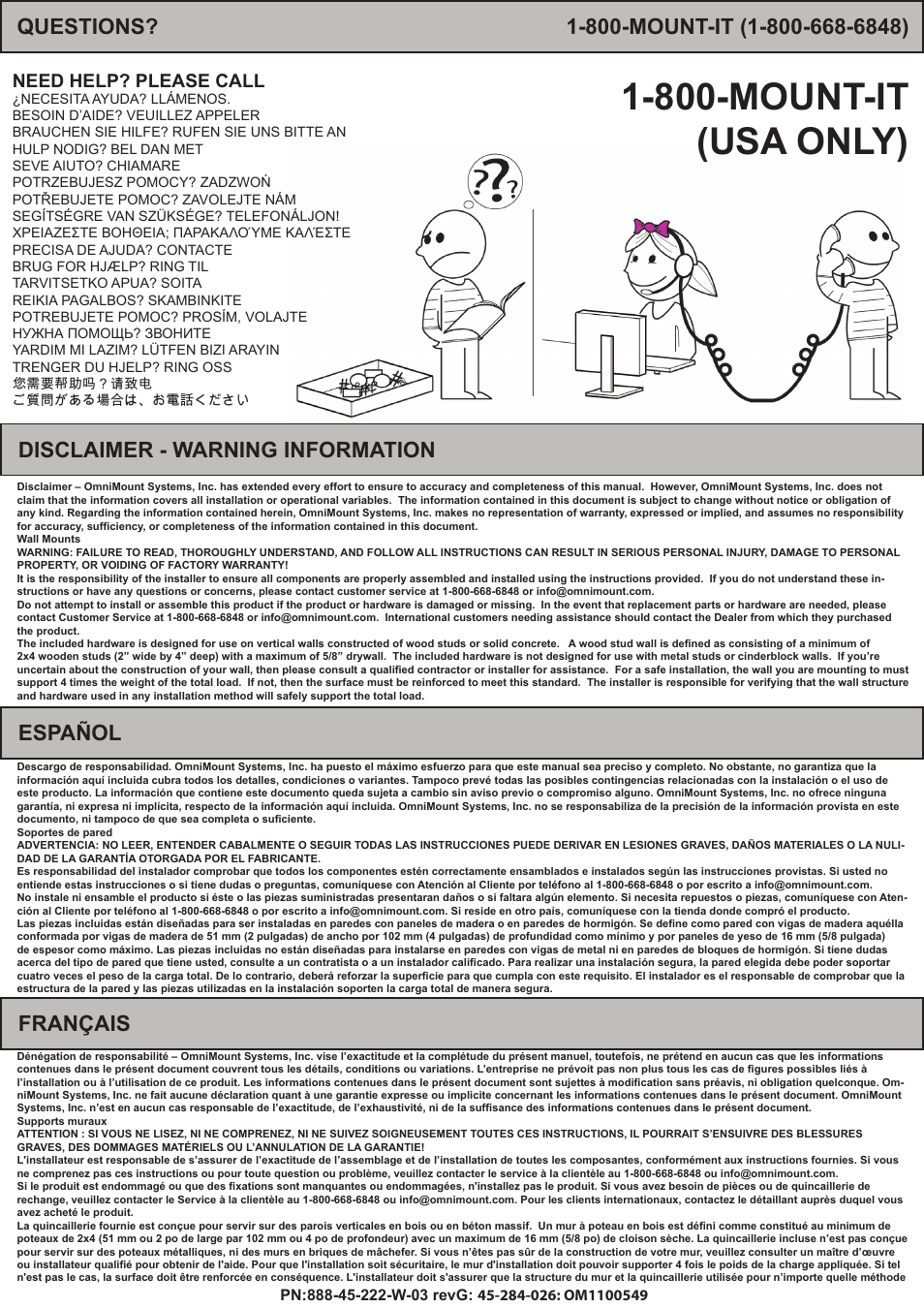 800-mount-it (usa only), Disclaimer - warning information español, Français | Need help? please call | Omnimount PLAY40 Manual ru User Manual | Page 2 / 25